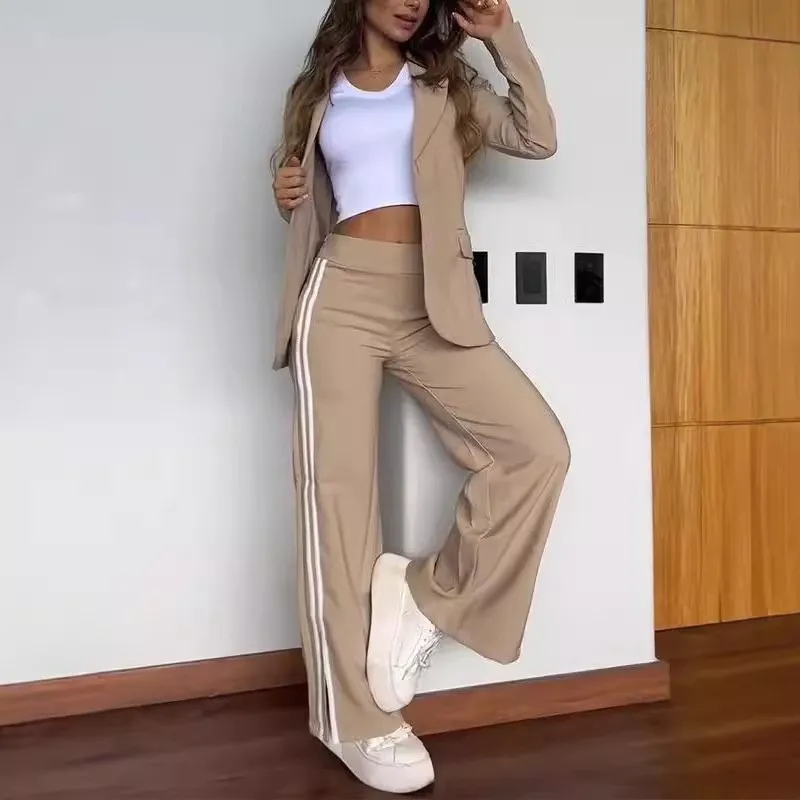 Elegant Office Lady Set Fashion Khaki Lapel No Buckle Blazer Striped Side Split Straight Trousers Two Piece Set 2025 Autumn New 