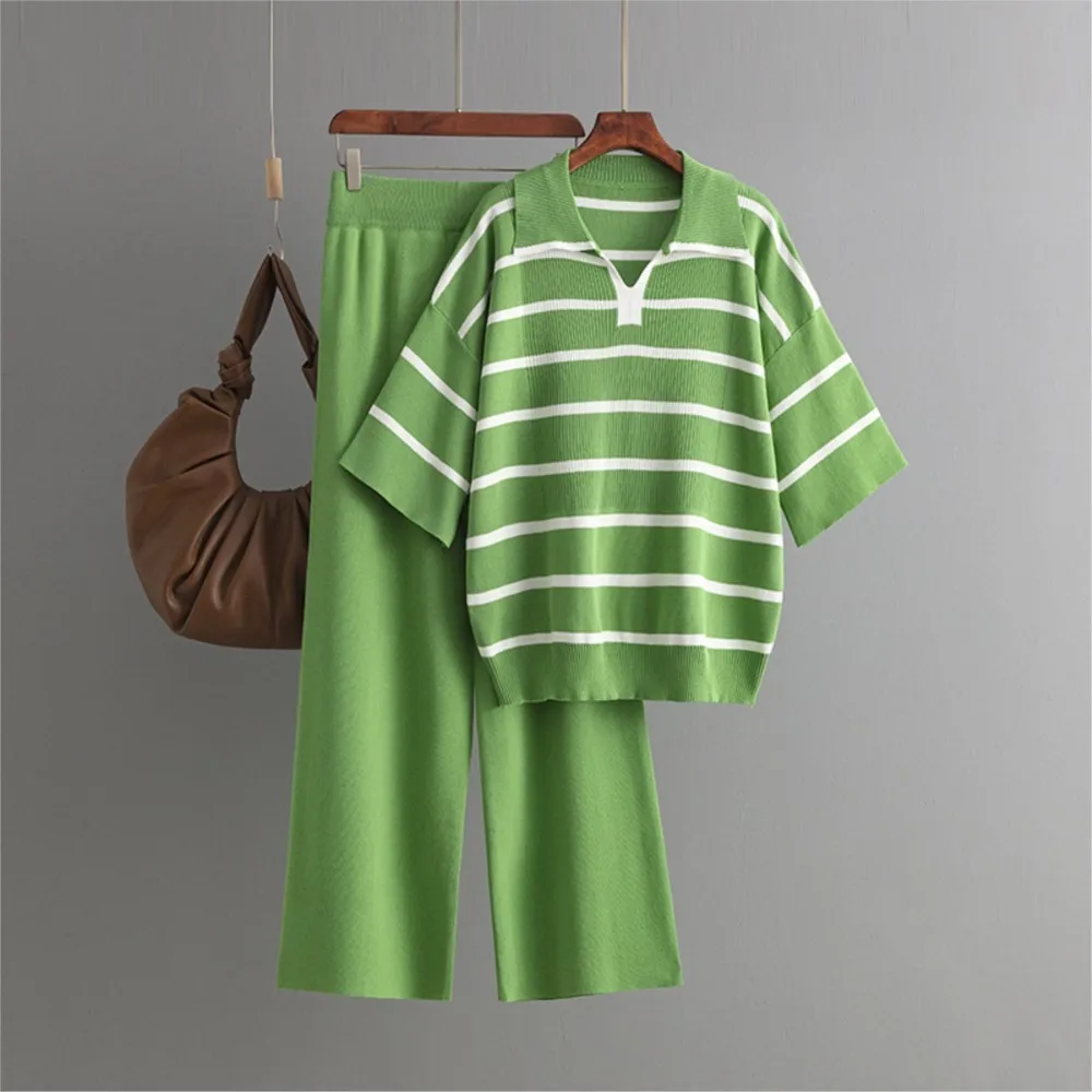 

Fashion Knitted Striped Short-sleeved T Shirt Long Pants 2-piece Set Casual Elegant Women Summer Knitted Wide-leg Long Pants Set