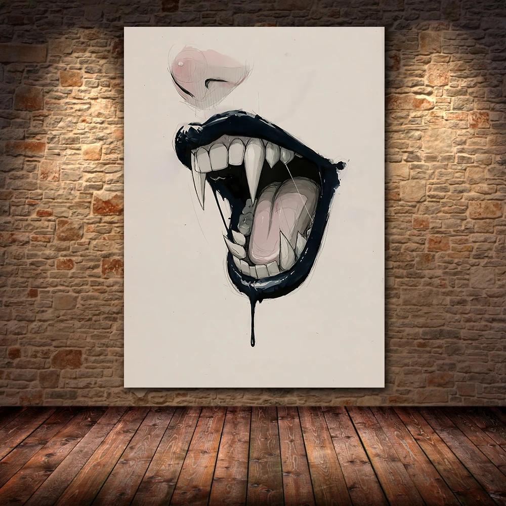 Vampire Fangs And Red Lips Vintage Wall Art Canvas Painting,Vampire's Flaming Lips Abstract Art Poster Print Home Decor Unframed