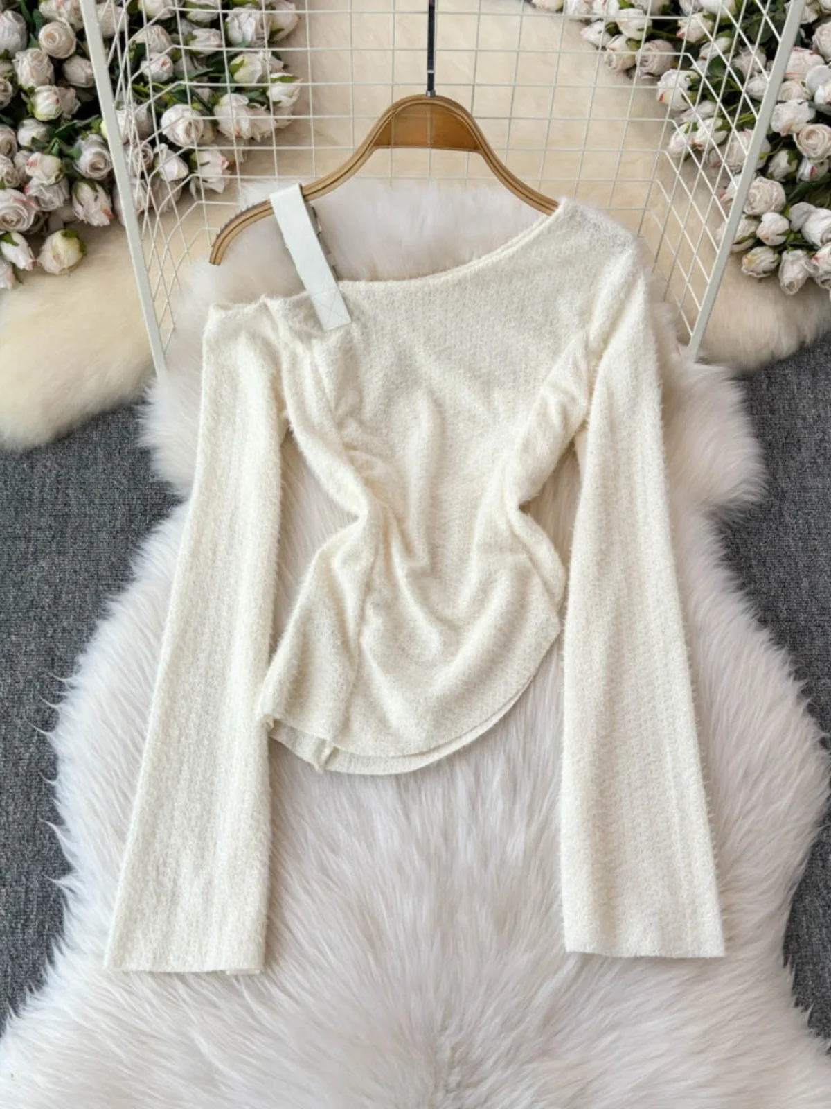 

Slim Fit Long Sve oulder Bared Bell Sve Knitwear Women's Faion Design Spring Autumn New Sle Elastic