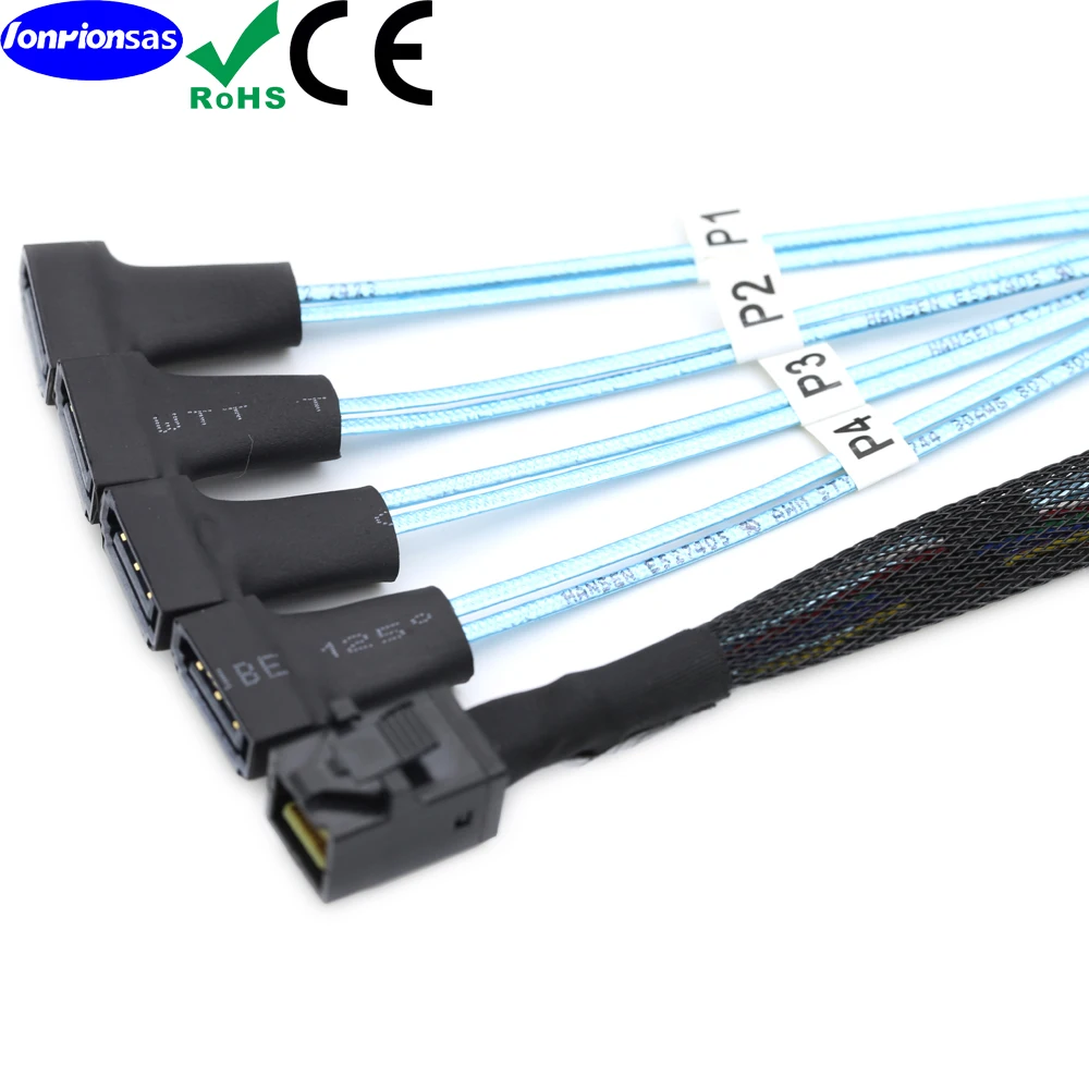 Wewnętrzny kabel Mini SAS HD SFF-8643 do 4 SATA 7P męskich złączy serwerowych, 0,5 m — zdjęcie produktu 2