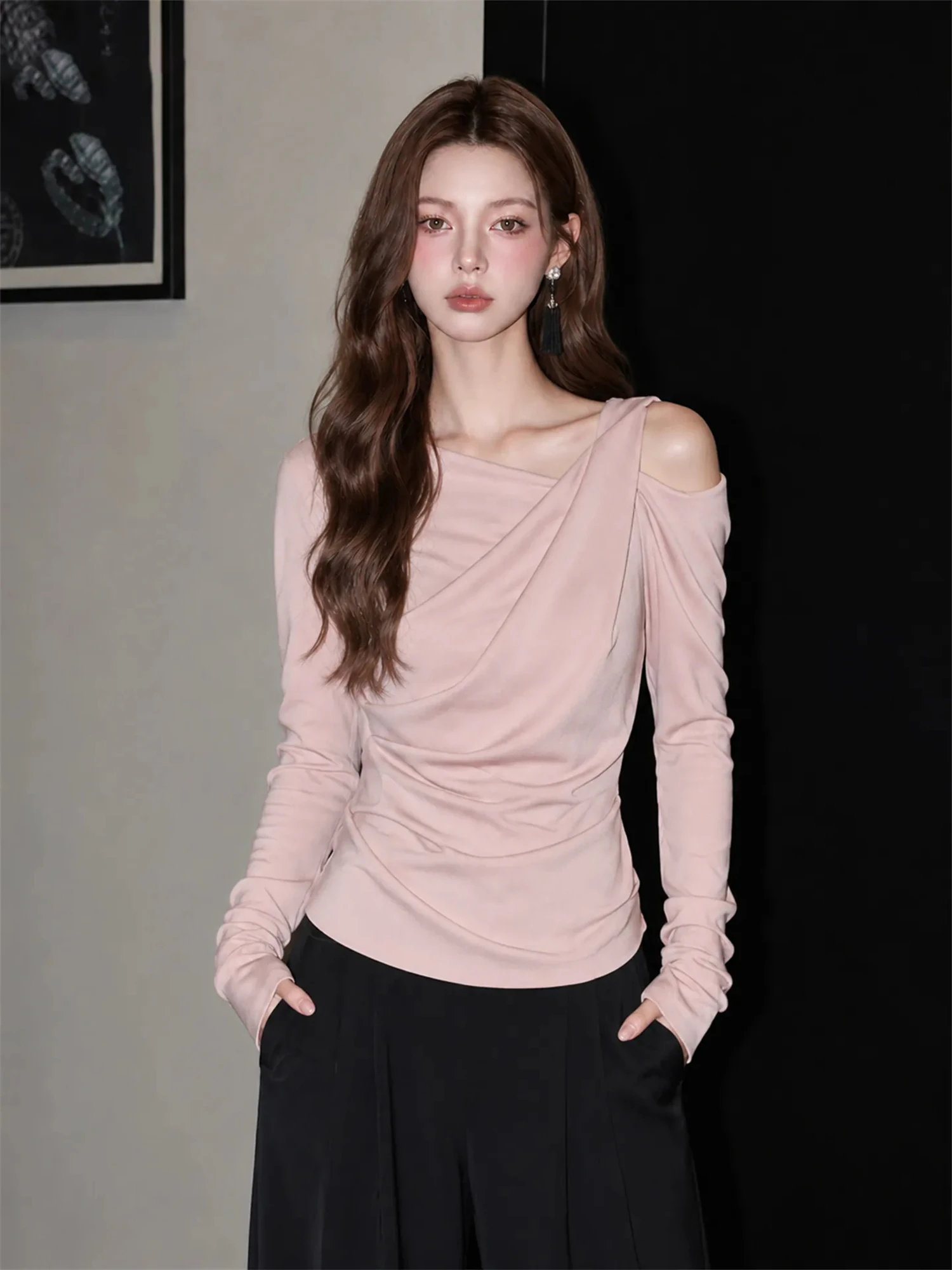 Vintage French Asymmetrical Cold Shoulder Draped Long Sleeve Top Women Ruched Waist Slim Fit Retro Casual Ladies Blouse