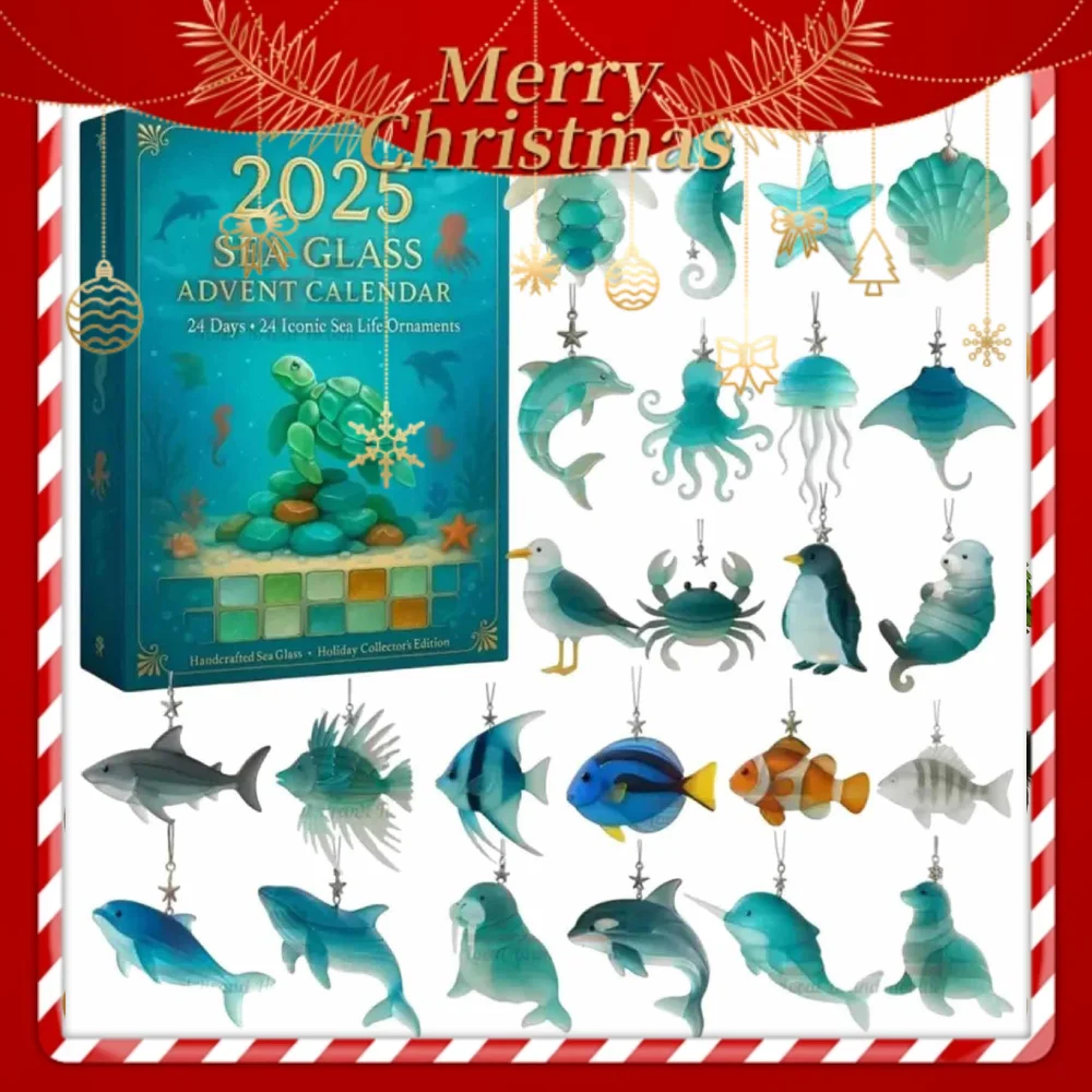 الحياة البحرية تمثال هدية عيد الميلاد العد التنازلي التقويم 2025 2D شقة المحيط الحيوانات شجرة عيد الميلاد الديكور عطلة العد التنازلي التقويم #1