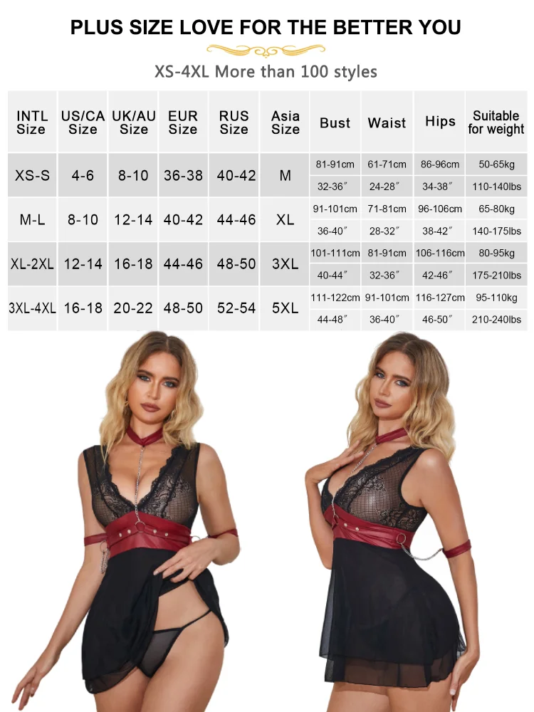 Comeondear Lady V-neck Bondage Nightdress Sheer Nightie Lingerie Plus Size Lace Nightwear Belt Skirt Sexy Black Mini Pajamas Set