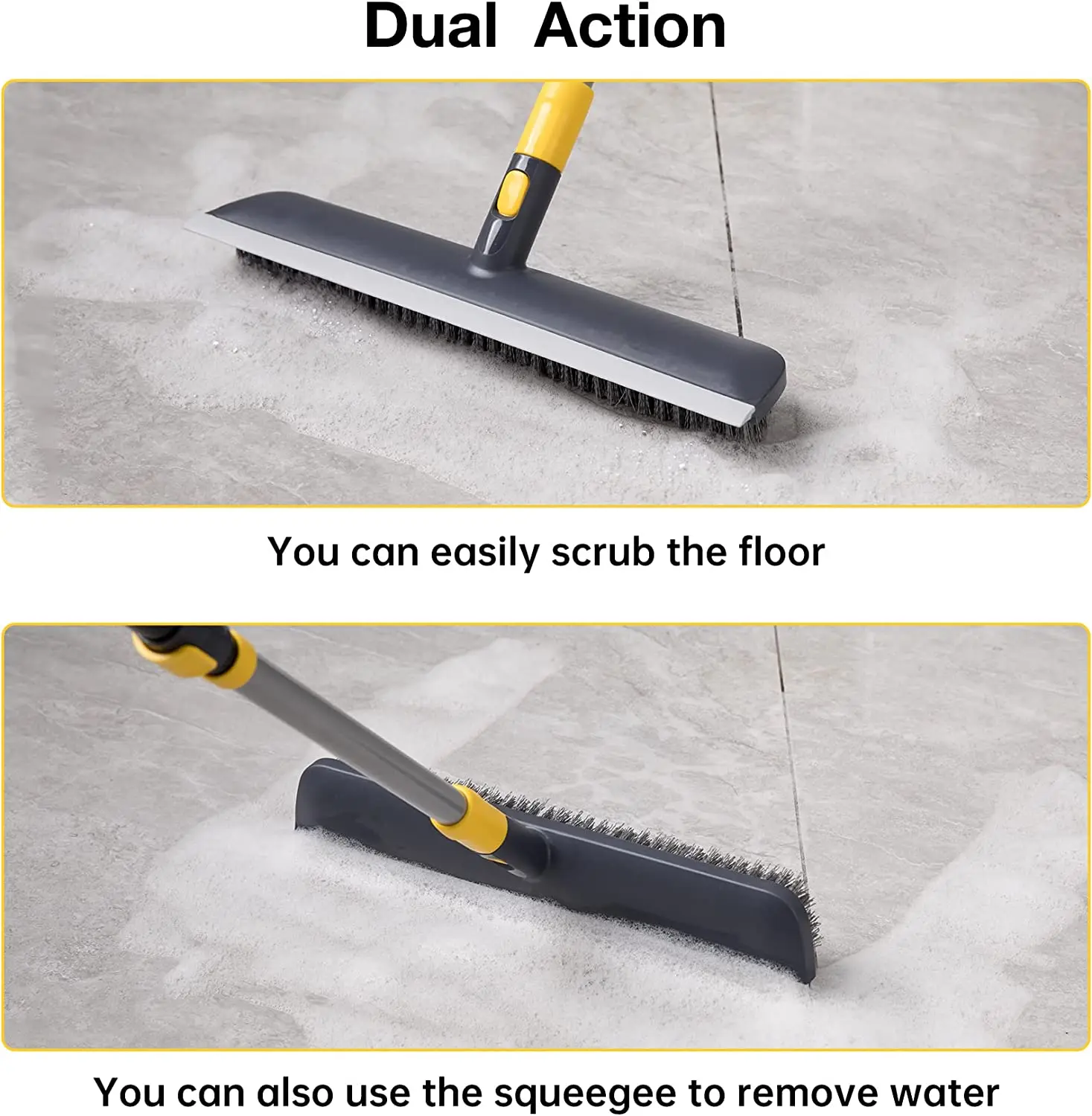 15” Floor Scrub Brush with Rubber Squeegee and 56” Extendable Long Handle,with 2 in 1 Stiff Bristle Scrubber,Tub and Tile Brush