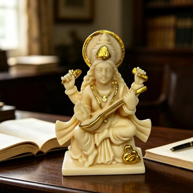 Hindu Goddess Saraswati Resin Sculpture, Cream & Gold Tone, Desktop & Shelf Ornament