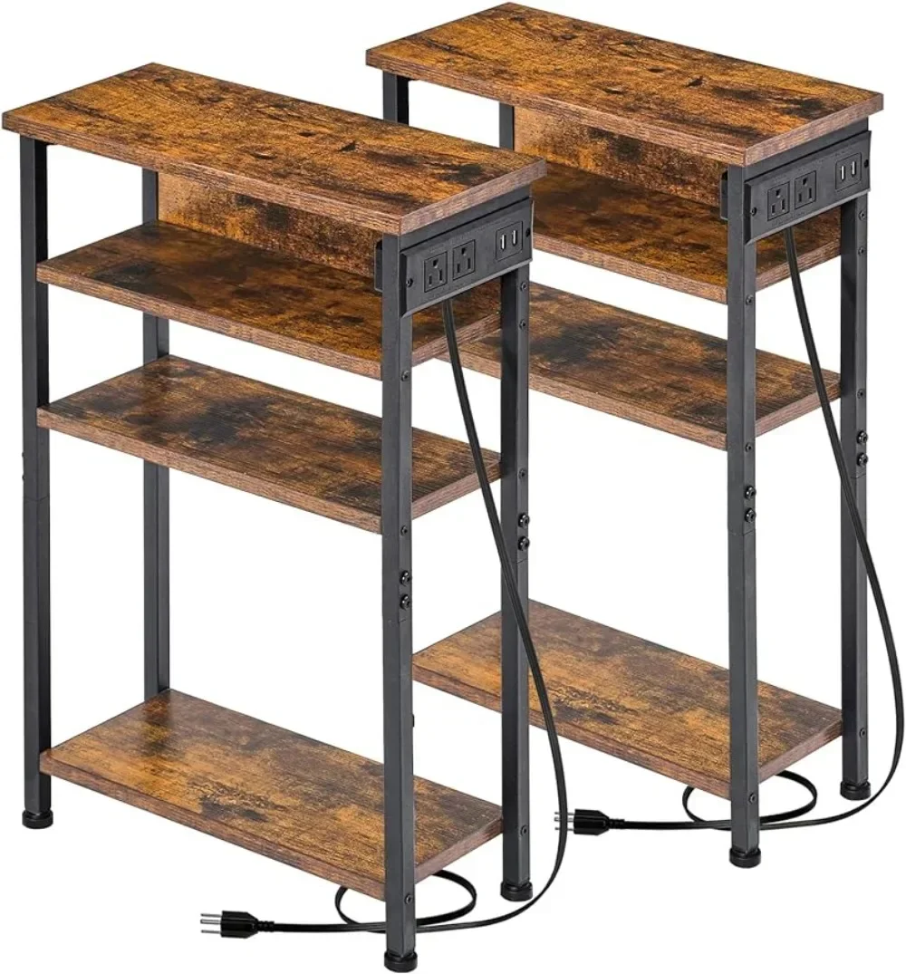 Table with Charging Station Thin Sofa Side Table with USB Port and Socket Flip Bedside Table with 3 Shelves