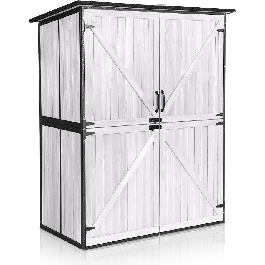 Outdoor Storage Shed with Floor - Waterproof Natural Fir Cabinet in White with Adjustable Shelves and Double Lock for Anti-Thef