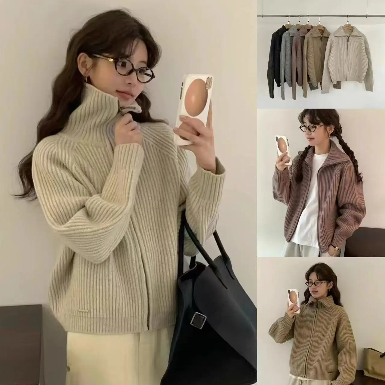 

Thiened вязаный воротник на молнии, открытый кардиган, свитер, верхняя одежда, чистый цвет, свободный крой, осень 2025 г., для поездок на работу, другая ткань