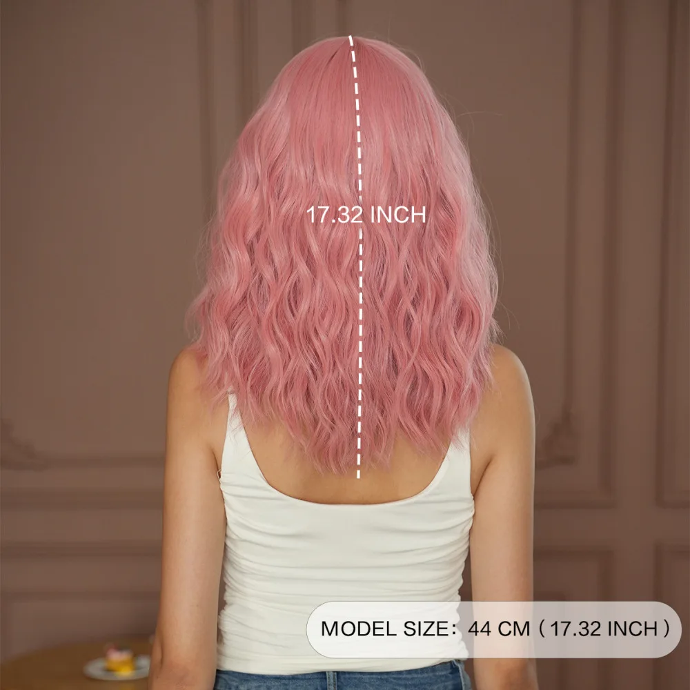 Women Pink Wavy Wigs Shoulder Length Soft Curly Synthetic Hair Full Head Wig For Fashion Party Daily Wear Looks Realistic