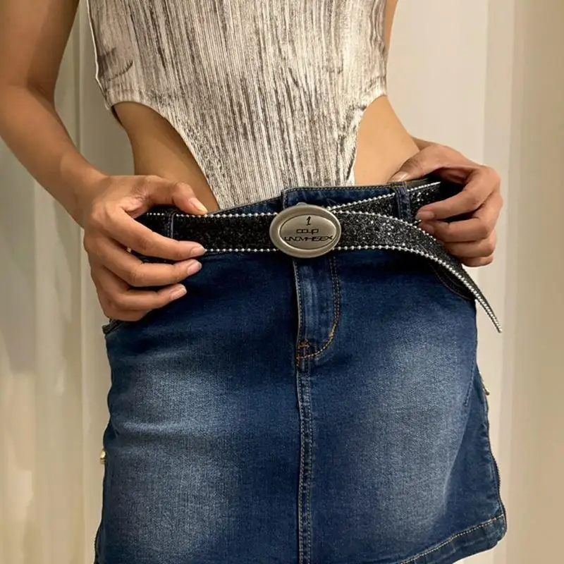 A52E szczotkowana metalowa klamra dla kobiet dziewczyna cekinowe spodnie Pasek Pasek Pasek do szortów Dress Modna Talia