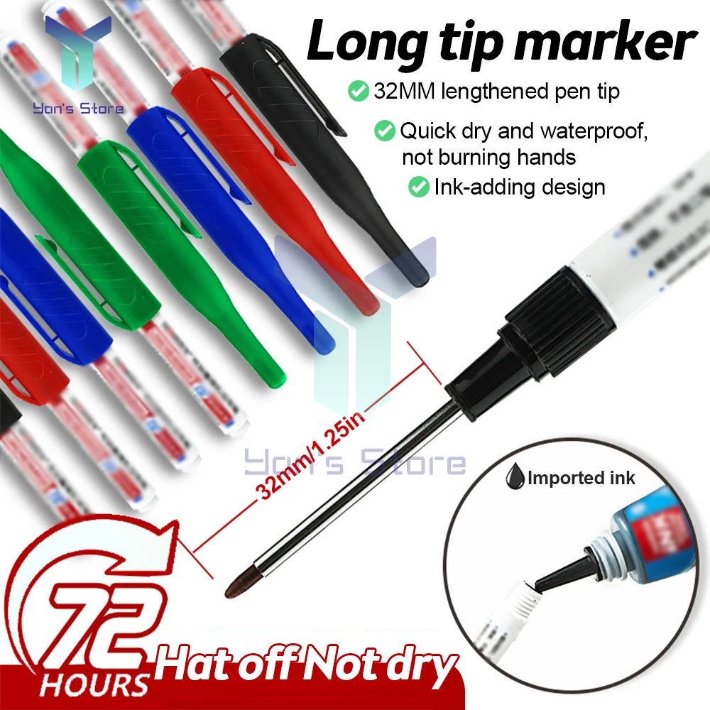 1Pcs 32mm Multi-purpose Long Head Markers Pen Deep Hole Marker Pens for Woodworking Tile Decoration Red/Black/Blue/Green Ink