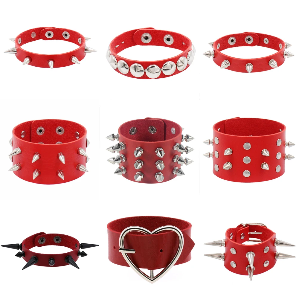 2023 Red Fashion Gothic Punk Spike Rivets Metal Pu Leather Bracelet Men Adjustable Bracelets Bangles Male Arm Jewelry Black