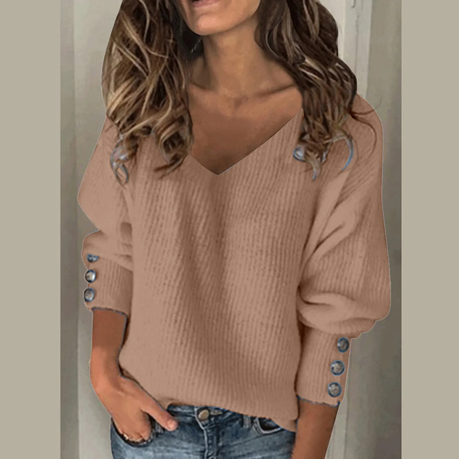 2024 Women Solid Sweater V-Neck Solid Color Button Decro Long Sleeve Knitted Ladies Sweaters Warm Comfort Casual Sweatshirt