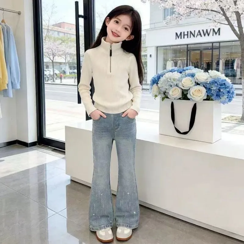 

Teenage Girls Rhinestone Denim Jeans Spring Autumn New Style Children's Korean Version Slim Micro Flared Pants