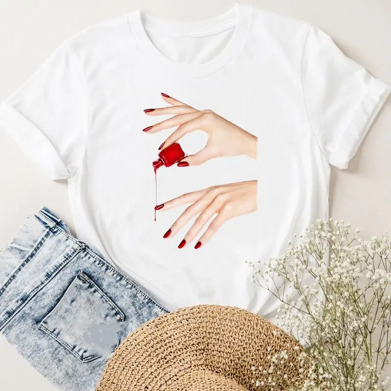 Damskie koszulki z krótkim rękawem Nail Art paznokieć moda damska w stylu Casual, letnia odzież trójnik żeński T-shirt z grafiką