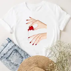 Damskie koszulki z krótkim rękawem Nail Art paznokieć moda damska w stylu Casual, letnia odzież trójnik żeński T-shirt z grafiką