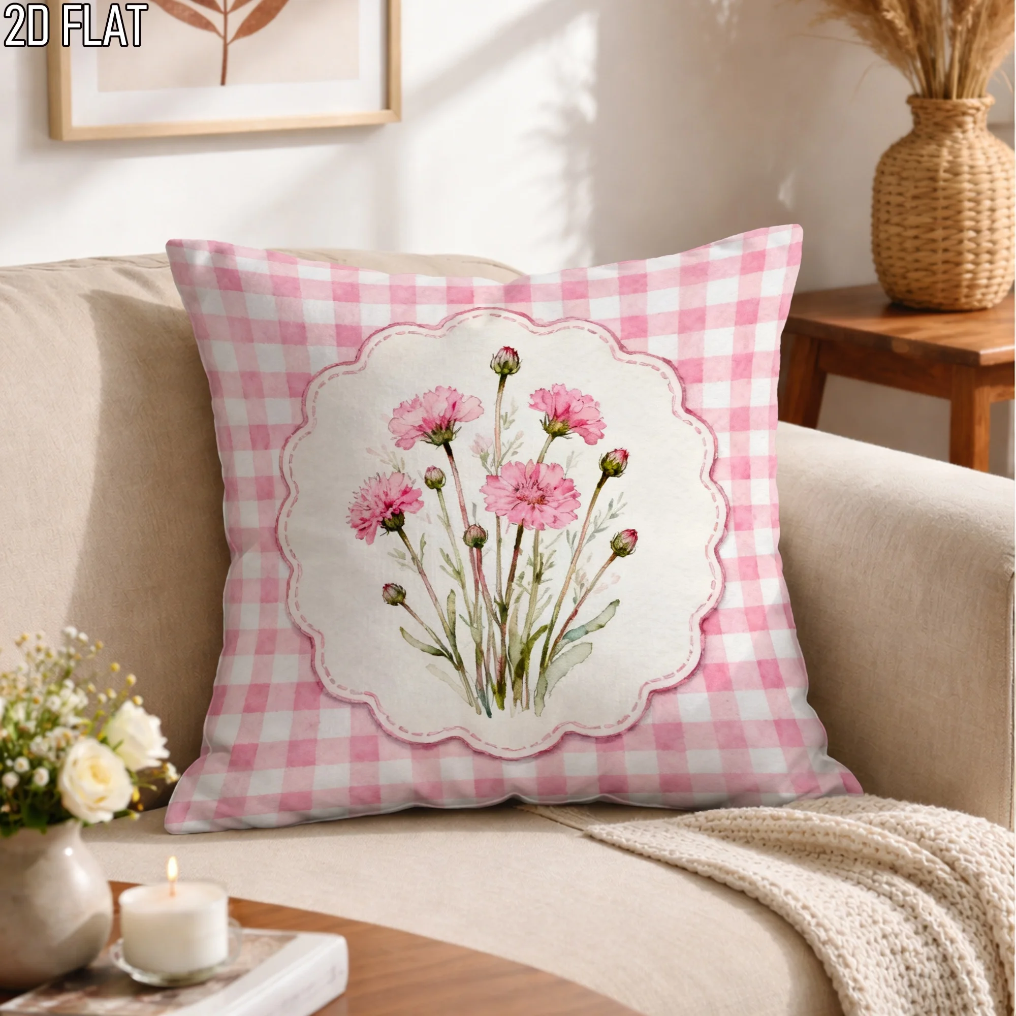1pc Spring Floral Peach Gingham Throw Pillow Covers Pastel Decorative Pillowcases One Sided Printing for Living Room Bedroom Sofa Bed Decor Without Pillow Inserts