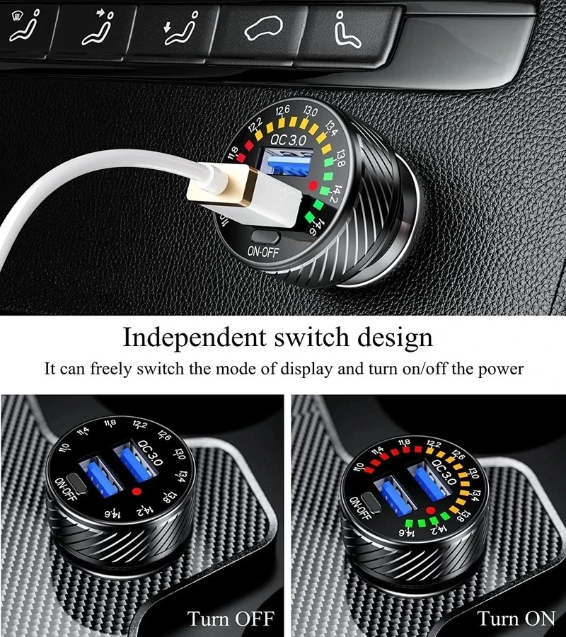 12V 36W Dual QC3.0 USB Port Quick Car Charger with Colorful Voltmeter & ON/Off Switch For IPhone 12/11/8, For Galaxy S21/20/10/9