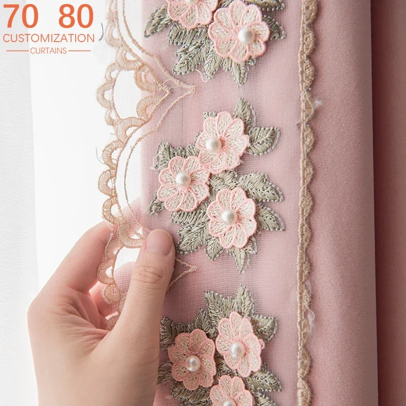 

Light Luxury Lace Velvet Pink Curtains Princess Style Blackout Curtains for Bedroom Living Room Finished Product Customization