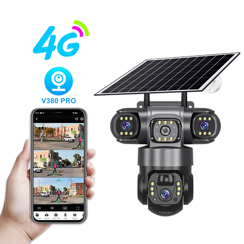 كاميرا V380 ثلاثية العدسات لوحة القيادة كاميرا تعمل بالطاقة الشمسية مع بطاقة Sim 4G 12MP كاميرا CCTV لاسلكية ذكية تعمل بالواي فاي داخلية وخارجية