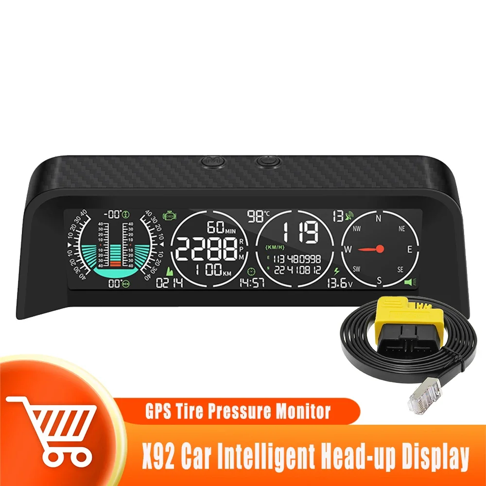 Car Head-up Display OBD+GPS Smart OBD Slope Meter Automotive Digital Speedometer Compass Inclinometer with OverSpeed Alarm