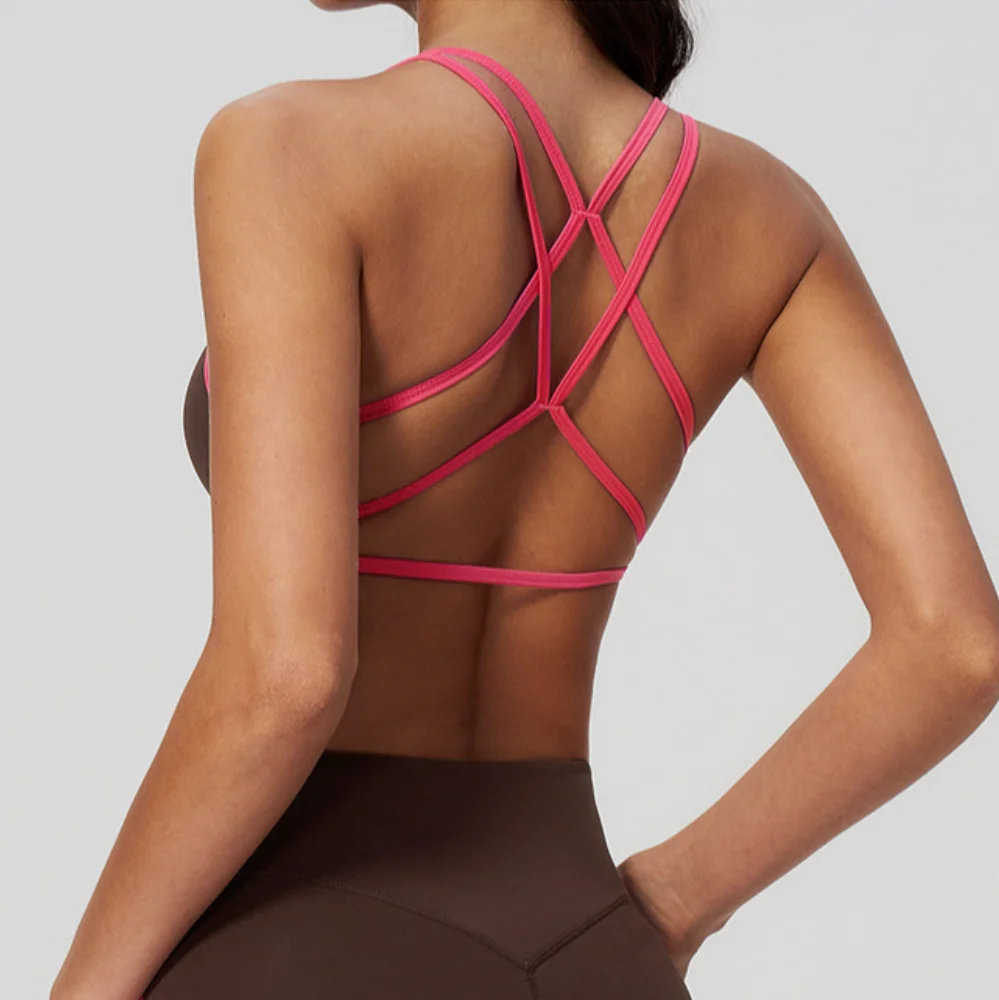 Yoga Top Women's Fitness Sports Bra Gym Clothing Padded Workout Tank Criss Cross Back Strappy U Neck Contrast Trim Running Vest