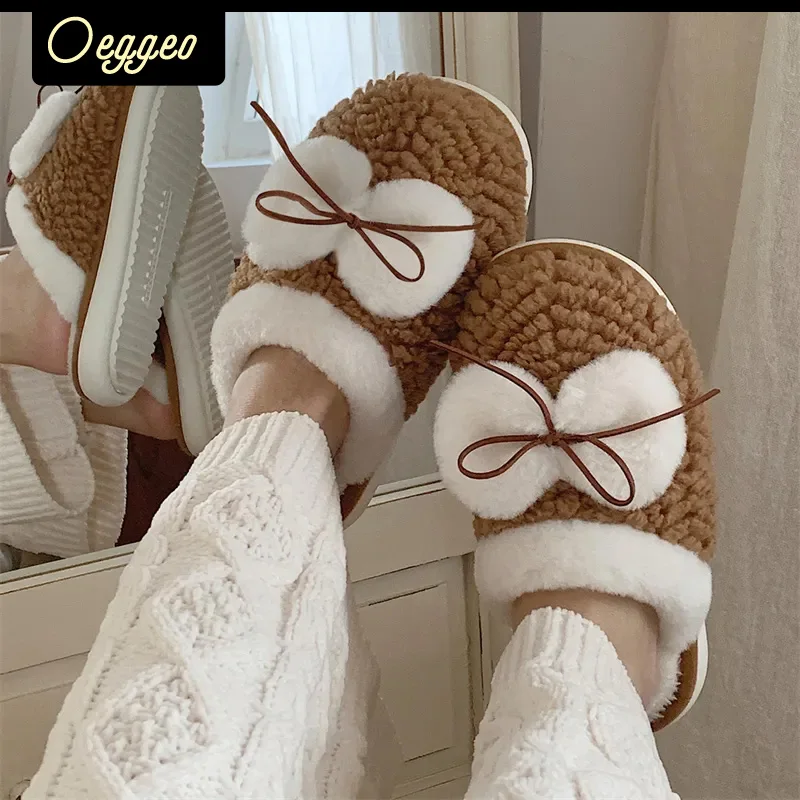 

oeggeo Winter warm and non-slip cotton slippers ladies bow knots plush cotton slippers