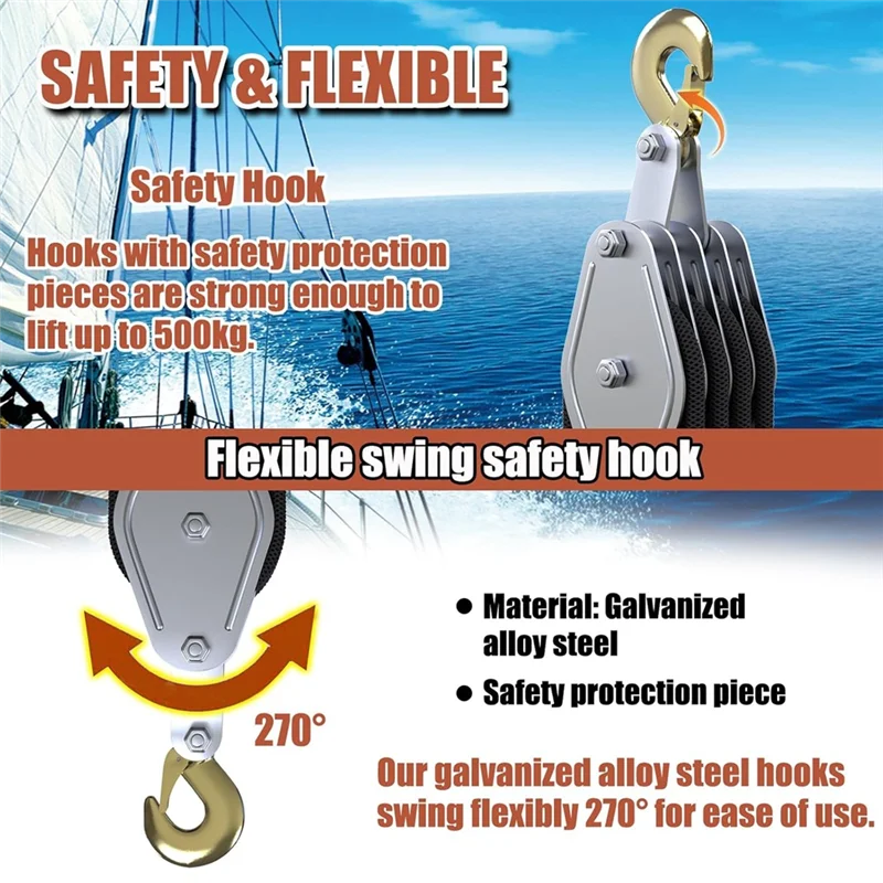 

【Lowest-Price!】Lifting Pulley Hoist, Galvanized Steel Block With Multi Nylon Rope And Secure Hook For Heavy-Duty Lifting