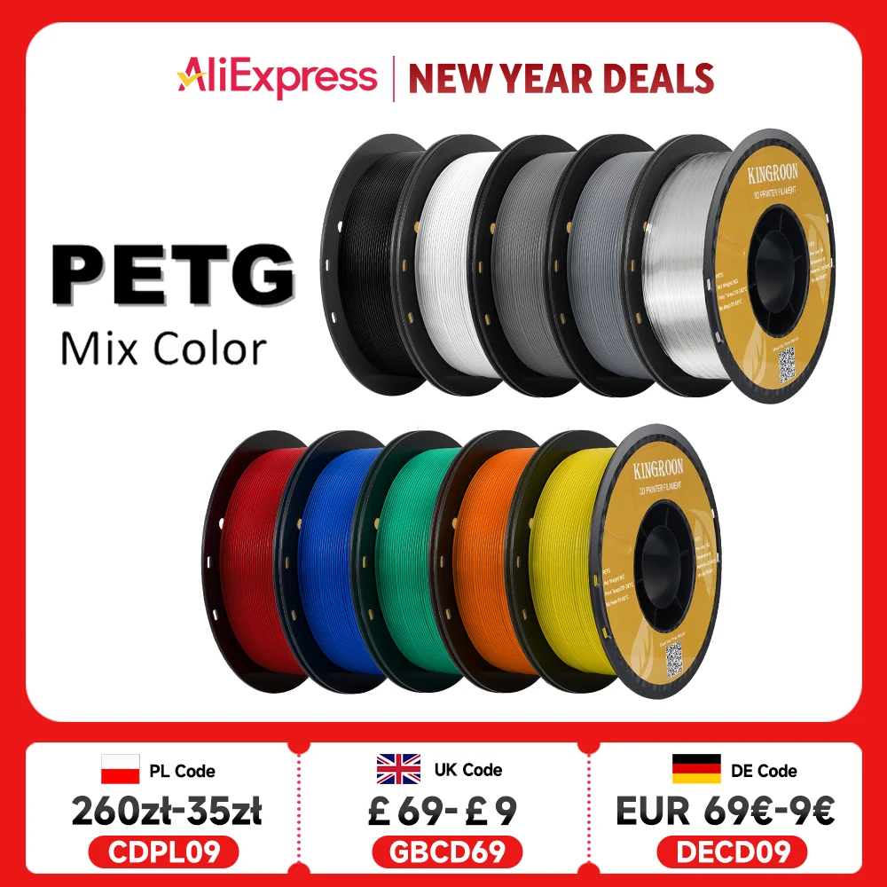 Filamento de impresora 3D KINGROON PETG 1,75mm 5KG 10KG Material de impresión 3D de colores mezclados 1 kg/rollo de plástico petg para impresora 3d FDM