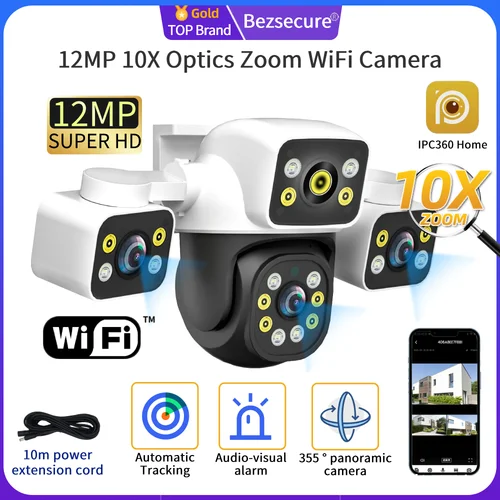 Cámara WiFi para exteriores con Zoom de 12MP y 10X, tres pantallas, tres lentes, PTZ, seguimiento automático, alarma Visual Audible, cámara de seguridad