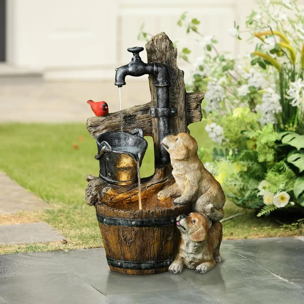 Water Fountain Outdoor, 3 Tiered Puppies and Water Pump Resin Outdoor Fountains,Water Fountains with LED Light