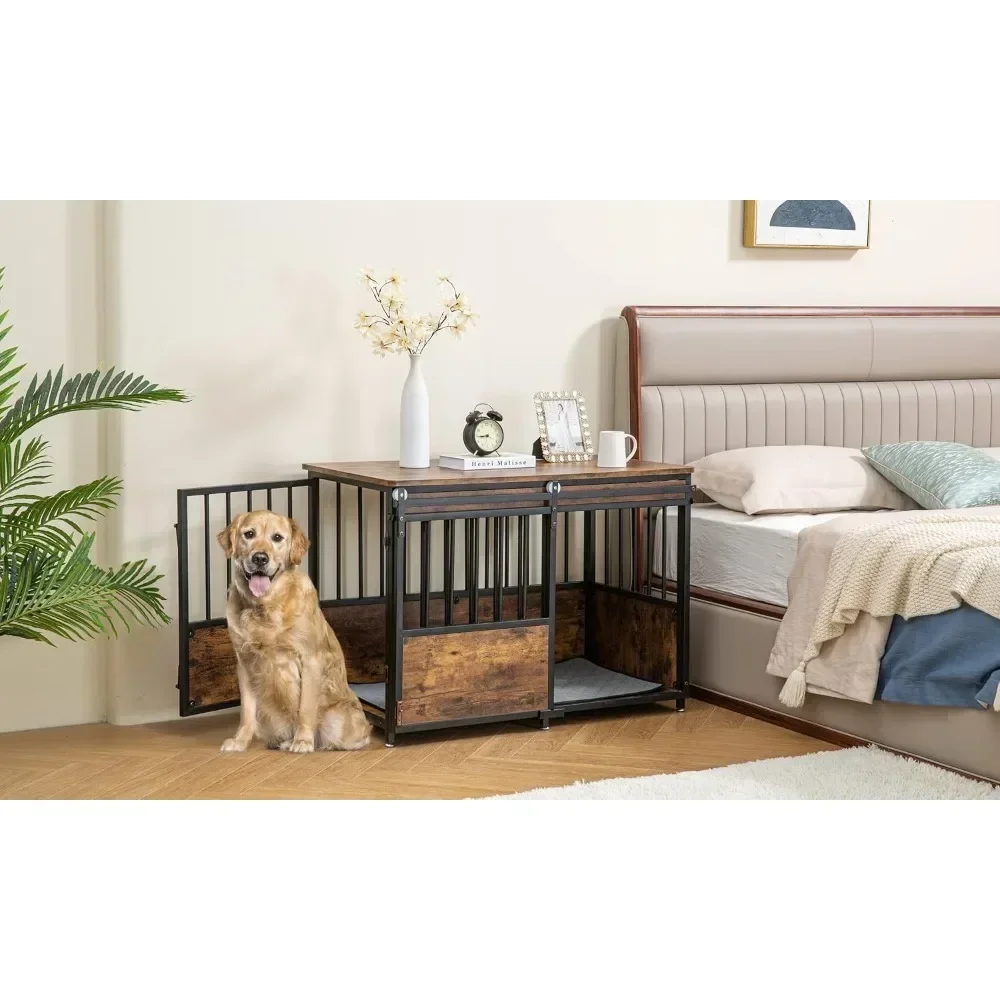 40 Inch Dog Crate Furniture with Cushion for Large Medium Dogs, Wooden Heavy Duty Dog Kennel with Double Doors, House Dog Cage