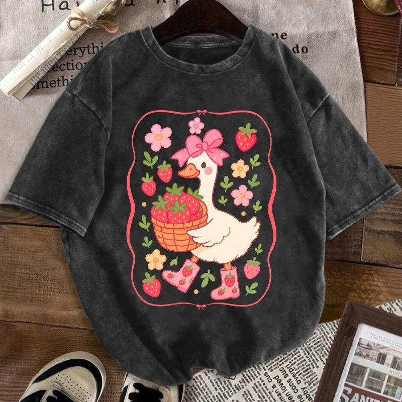 Cute Strawberry Donald Duck Washable T-shirt Large Size Cotton Loose Short-sleeved Fashionable Round-neck Top Korean T-shirt