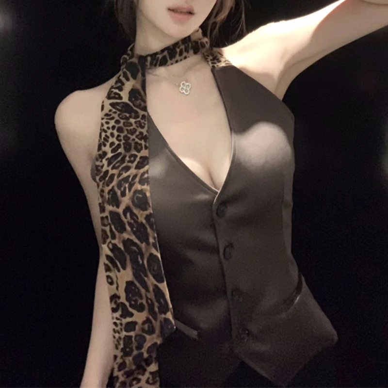 

V-neck Contrast Color Leopard Print Splicing Casual Camisole Women 2024 Summer New Streetwear Lace-up Sexy Irregular Crop Tops