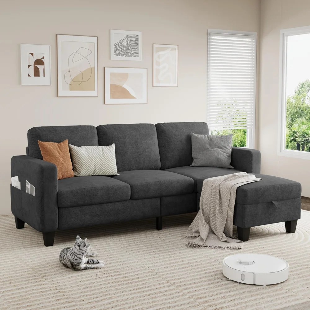 

Sectional Sofa Couches for Living Room - Grey 3 Seat L-Shaped Couch with Storage Ottoman, Comfy Fabric Convertible Sectionals
