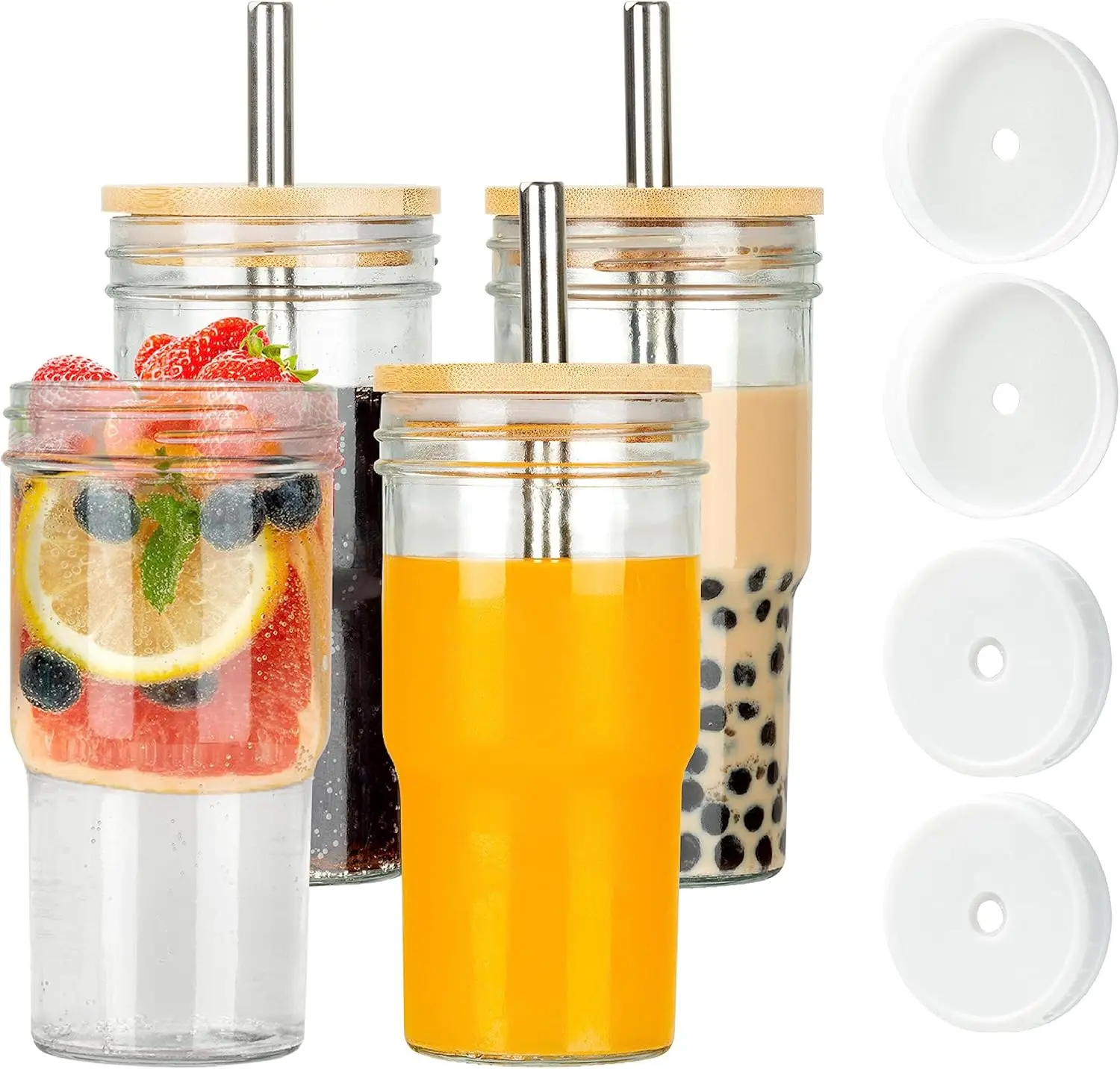 

Набор стеклянных чашек из 4 стаканов для питья Mason Jar на 22 унции с 4 бамбуковыми крышками, соломинками и пластиковыми крышками — милая многоразовая бутылка Boba, Ic