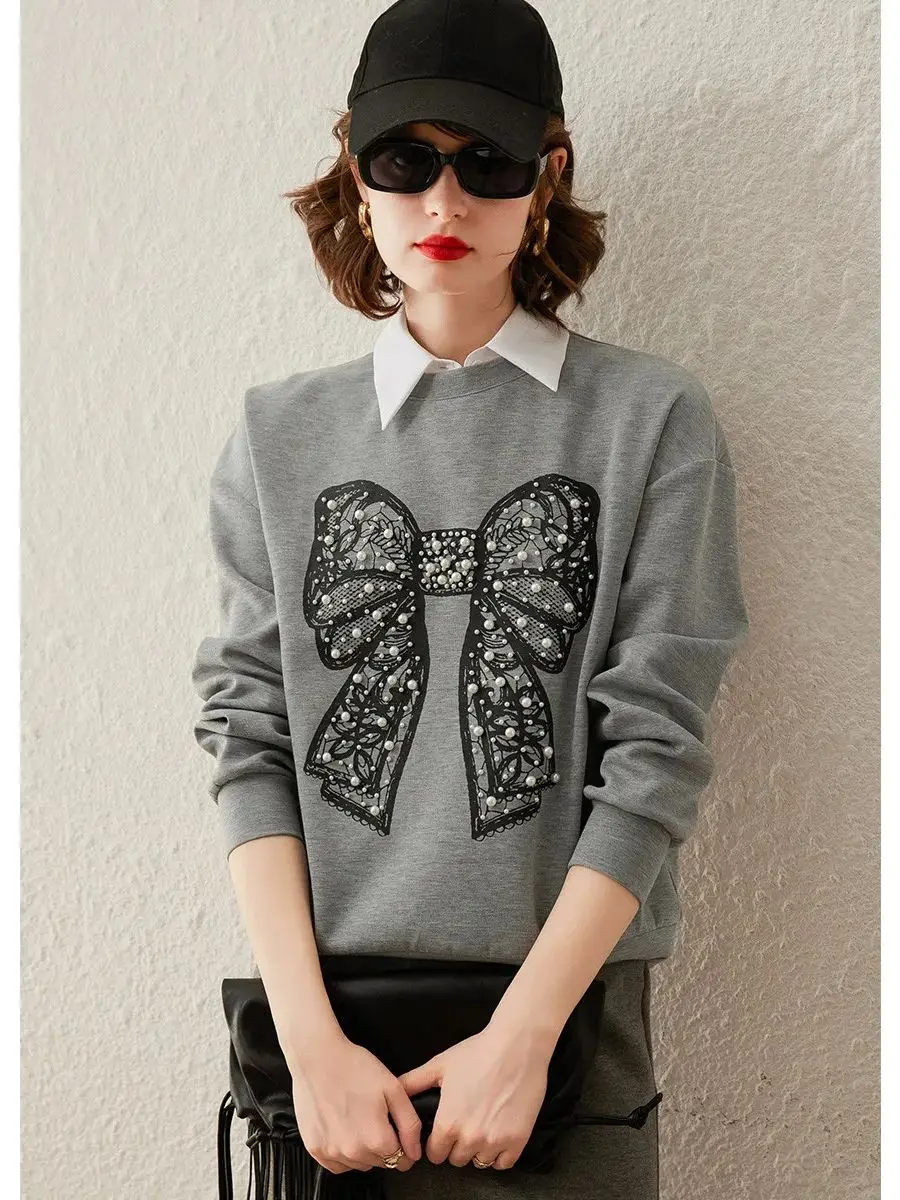 LOUIS YAO Women Hoodies 2024 New Round Neck Long Sleeve Print Bow Bead Drop Shoulder Sleeve Casual Loose Sweatshirt Women Top