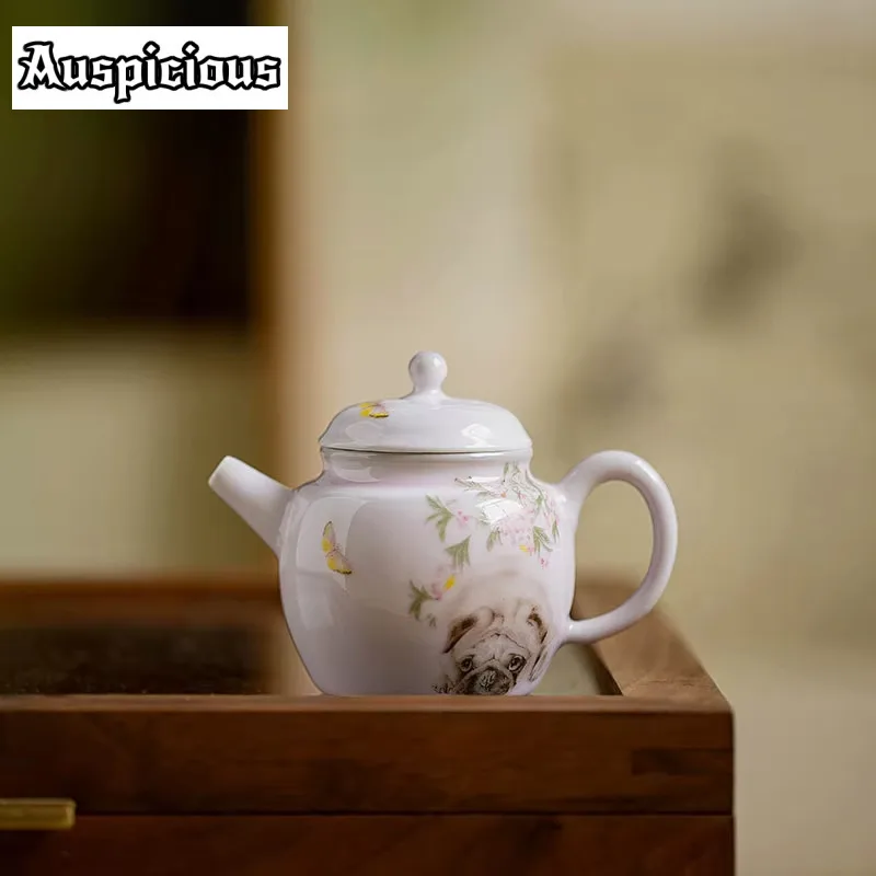 

90ml Boutique Pure Handpainted Peach Powder Sketch Pot Creative Pug Dog Ceramic Teapot With Filter Kung Fu Tea Small Kettle Gift