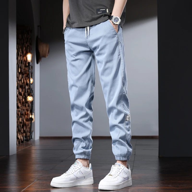 Summer Blue Casual Pants Men Fashion Sport Side Stripe Elastic Waist Drawstring Joggers Trousers