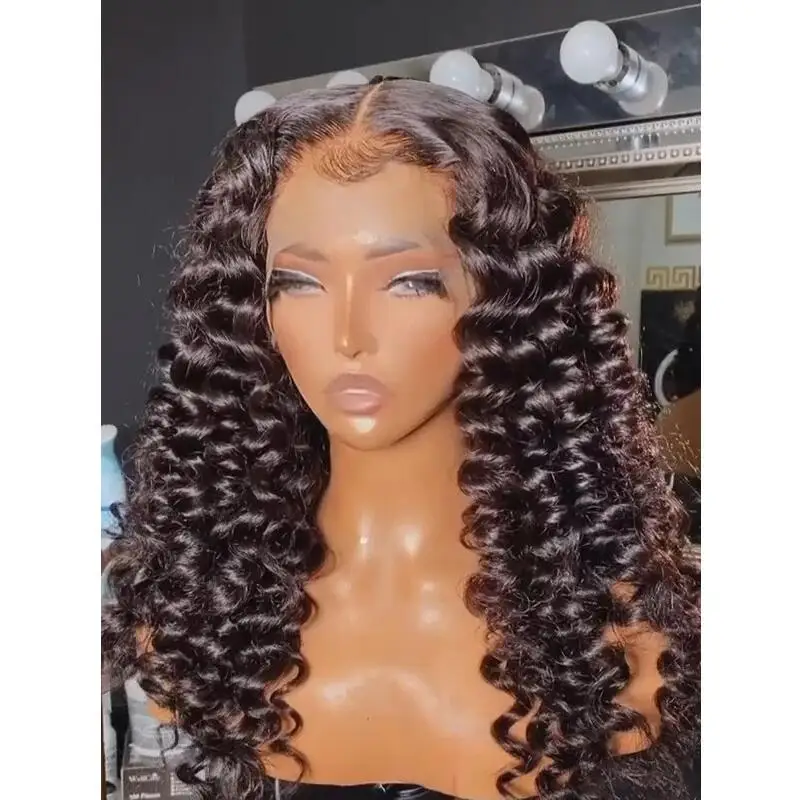 Peluca frontal de encaje rizado profundo para mujeres negras, pelo de bebé sin pegamento, suave, largo, negro, resistente al calor, 26 pulgadas, 180de densidad, Natural