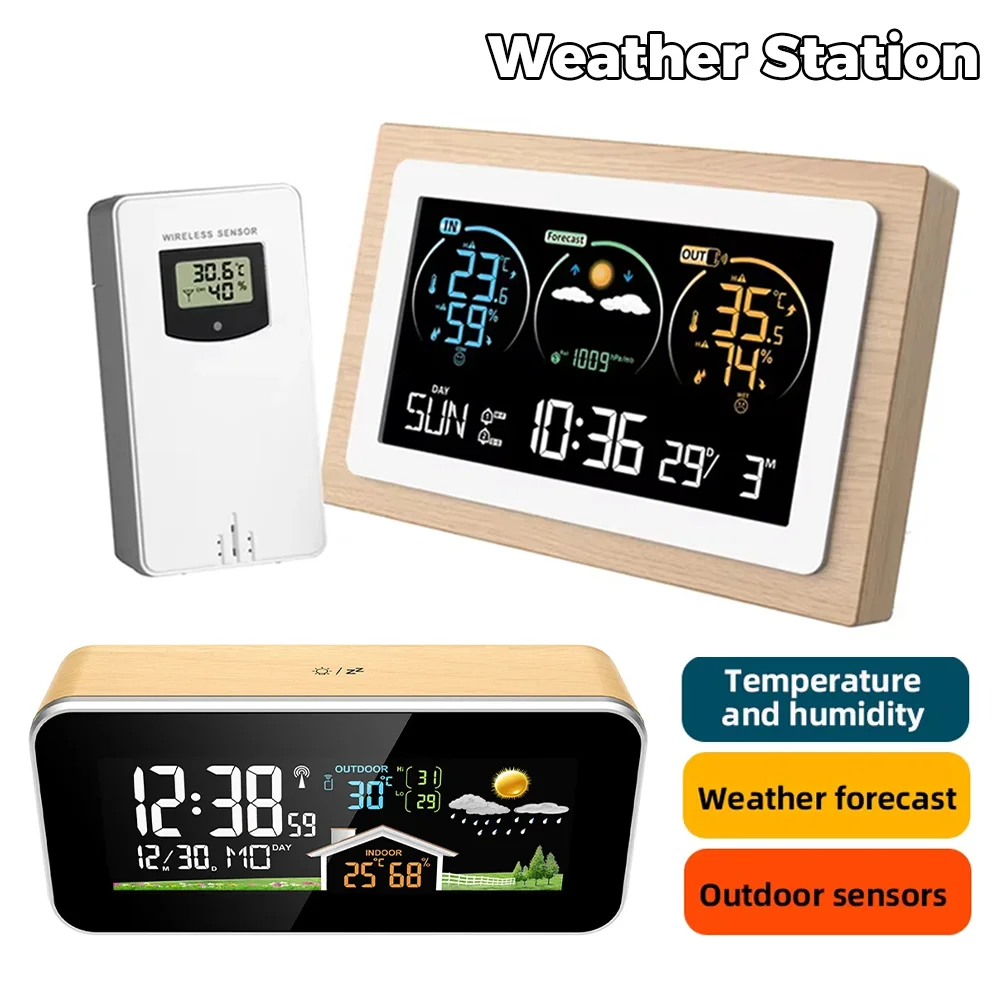 Digital Weather Station Wooden Alarm Clock Thermometer Humidity Meter Large Color Screen Weather Forecast Clock Wireless Sensor