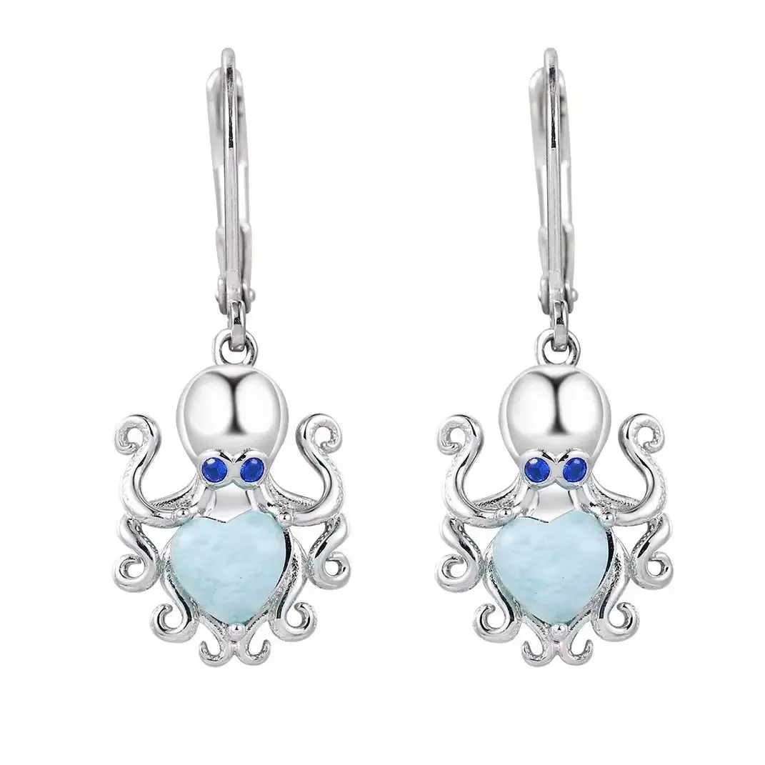 

​Charming Octopus Earrings with Luminous Larimar Stone, Silver Rhodium Plated 18K Gold Fashion Jewelry Trendy Gift for Women