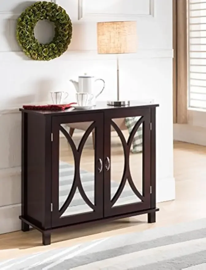 Marietta Espresso Wood Entryway Console Sofa Table, Mirrored Doors