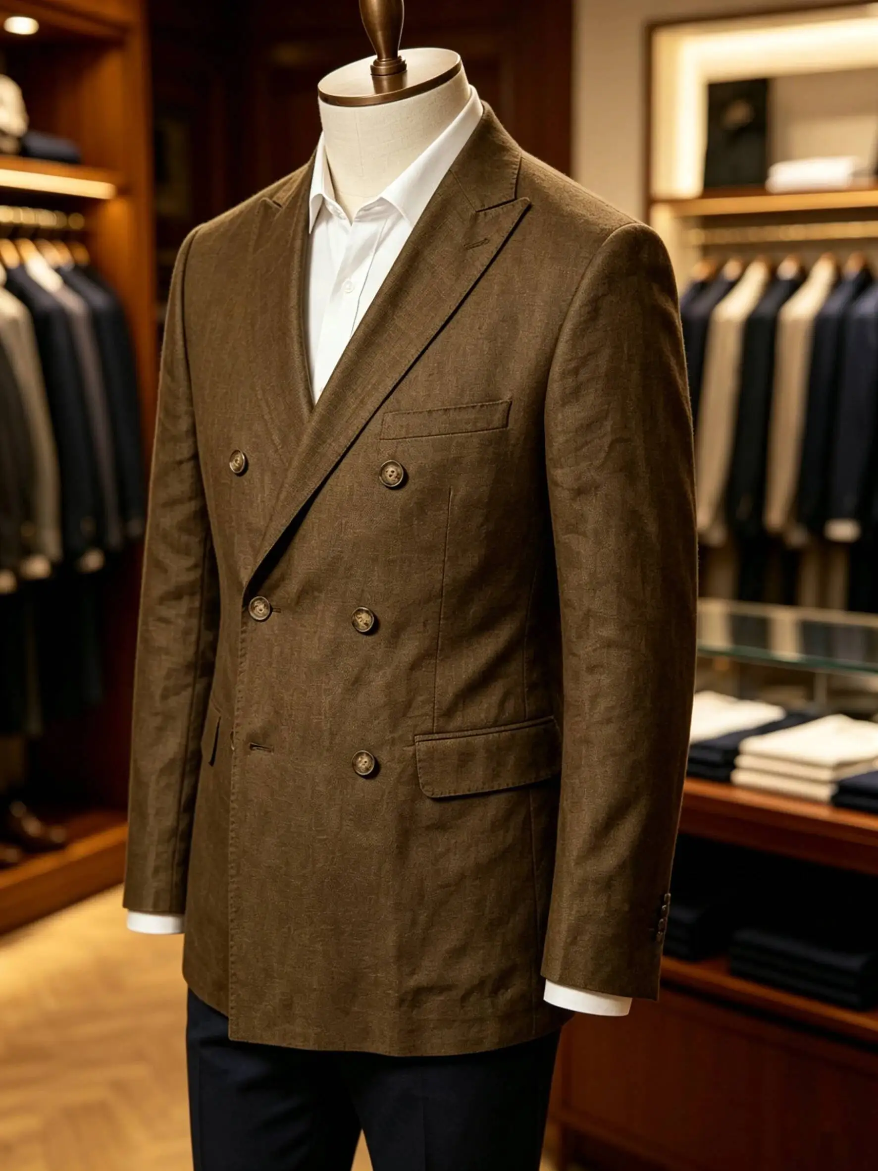 Men's Sport Coat Summer Double Breasted Linen Blazer Jacket Slim Fit Brown Casual Business Breathable Wedding Office Wear