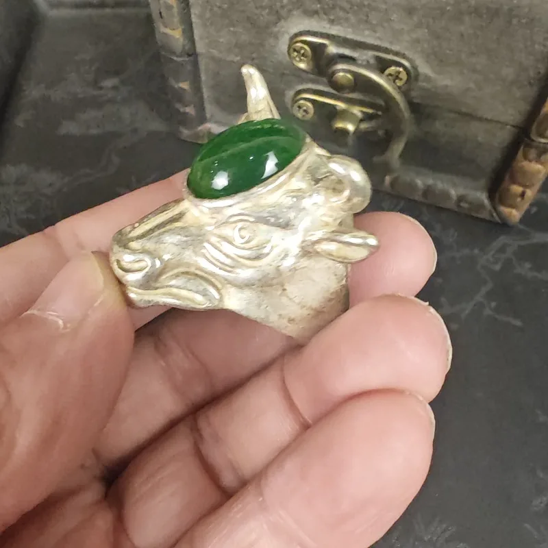 3D bull‑head carving, round imitation green jade, animal totem, vintage silver finish, unisex adjustable statement ring 2