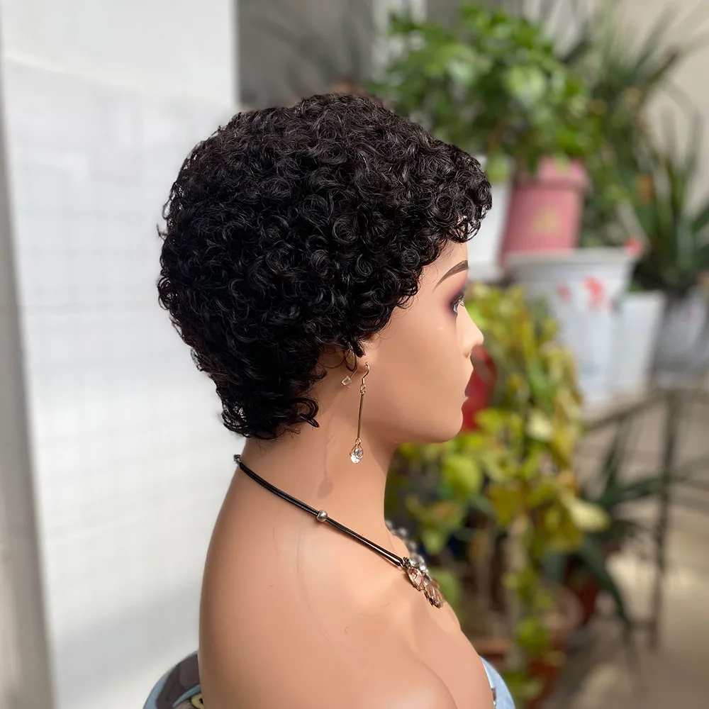 Kurze Pixie-Cut Lockenperücken aus Echthaar, brasilianisches Echthaar, maschinell gefertigte Perücken für schwarze Frauen, natürliche schwarze Lockenperücken aus Echthaar – Detail 6