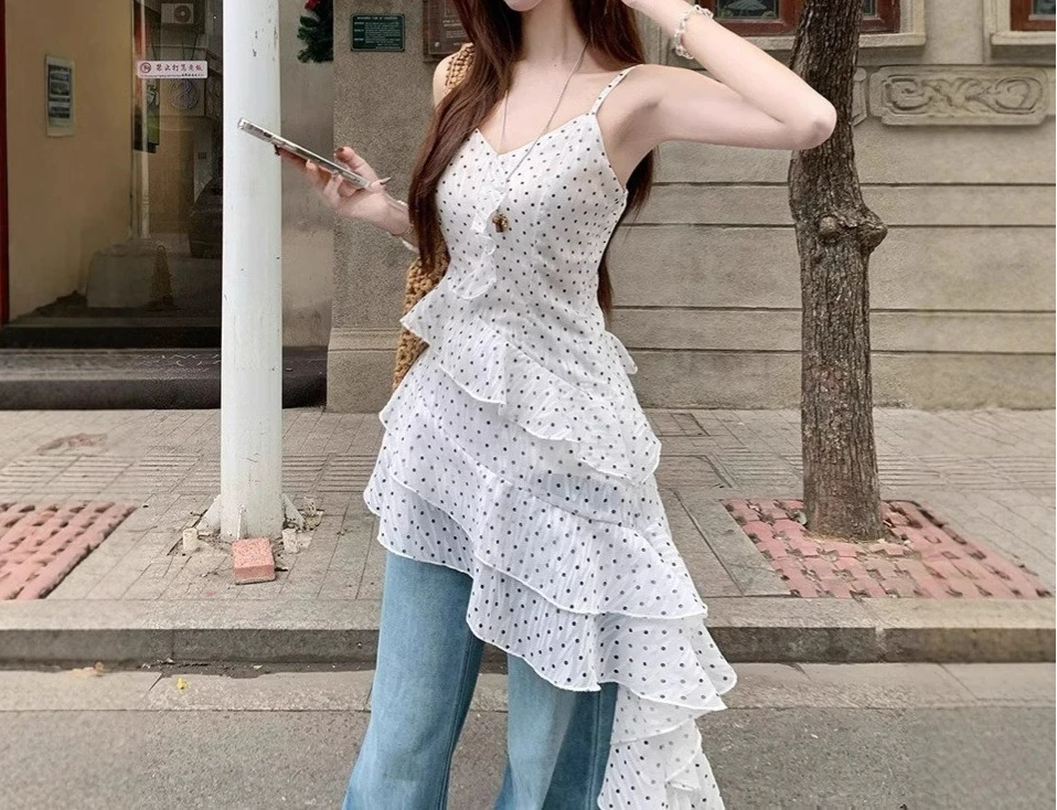 

Polka Dot Ruffle Leaf Edge Suspender Dress Women's 2026 Early Spring New Seaside Vacation Wind Irregular Skirt
