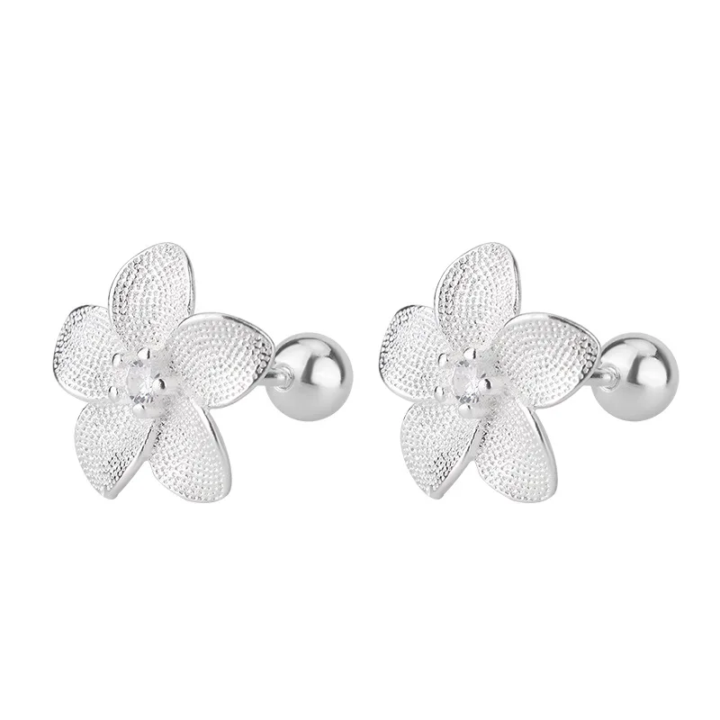 New Creative Silver Color Gardenia Flower Piercing Screw Ball Stud Earrings For Women Girls Charm Party Jewelry Accessories Gift