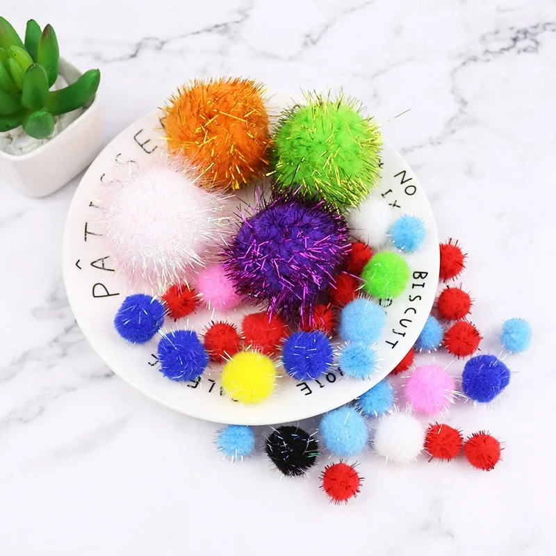 10/15/20/25/30mm Mix Color Glitter Tinsel Pom Pom DIY Doll Craft Sparkly Pompom Balls Wedding Christmas Scrapbook Decoration 20g